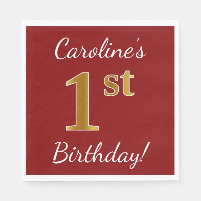 Serviette En Papier Rouge, Faux Gold 1er anniversaire + Nom personnali (Devant)