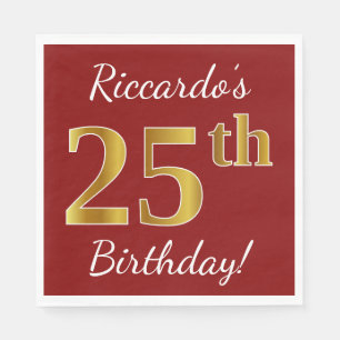 Serviette En Papier Rouge, Faux Gold 25e anniversaire + Nom personnali