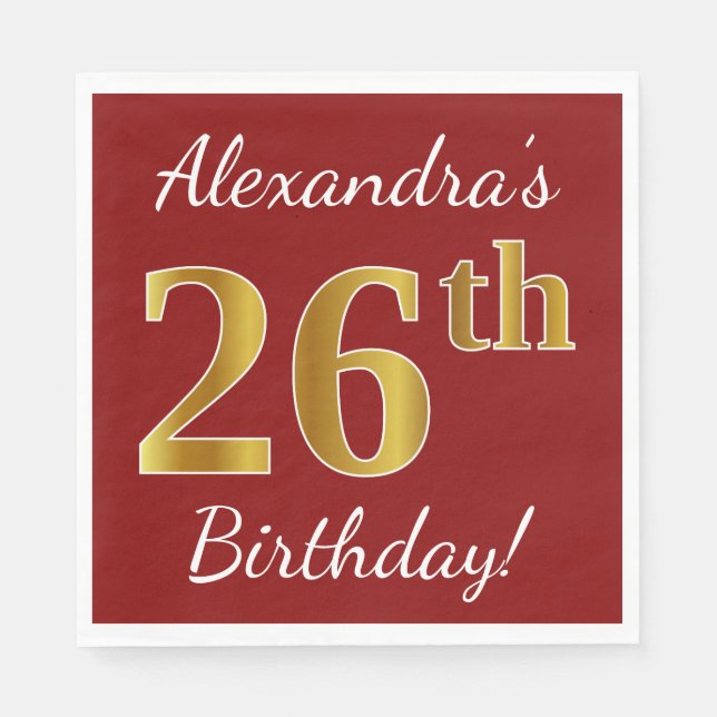 Serviette En Papier Rouge, Faux Gold 26e anniversaire + Nom personnali (Devant)