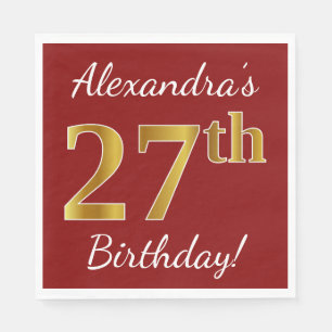 Serviette En Papier Rouge, Faux Gold 27e anniversaire + Nom personnali