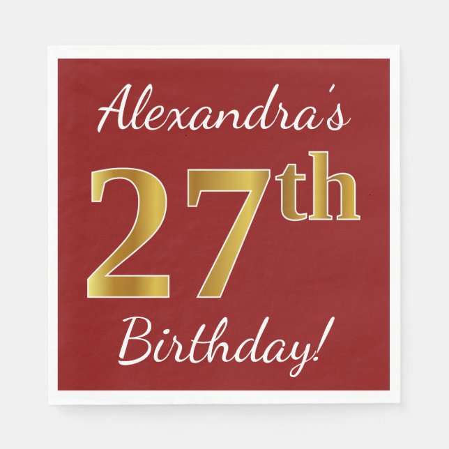 Serviette En Papier Rouge, Faux Gold 27e anniversaire + Nom personnali (Devant)