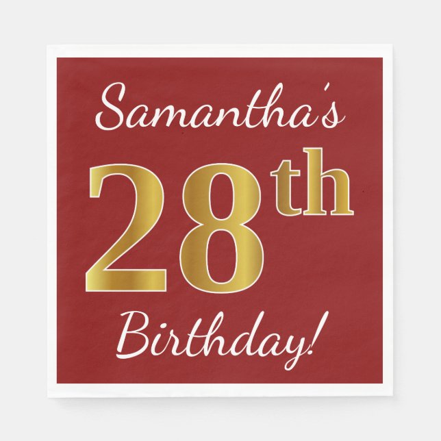 Serviette En Papier Rouge, Faux Gold 28e anniversaire + Nom personnali (Devant)