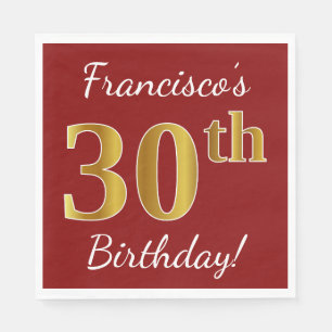 Serviette En Papier Rouge, Faux Gold 30e anniversaire + Nom personnali