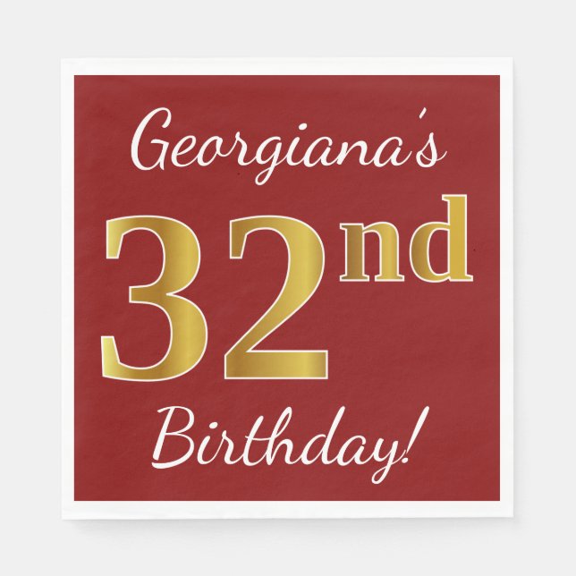 Serviette En Papier Rouge, Faux Gold 32e anniversaire + Nom personnali (Devant)