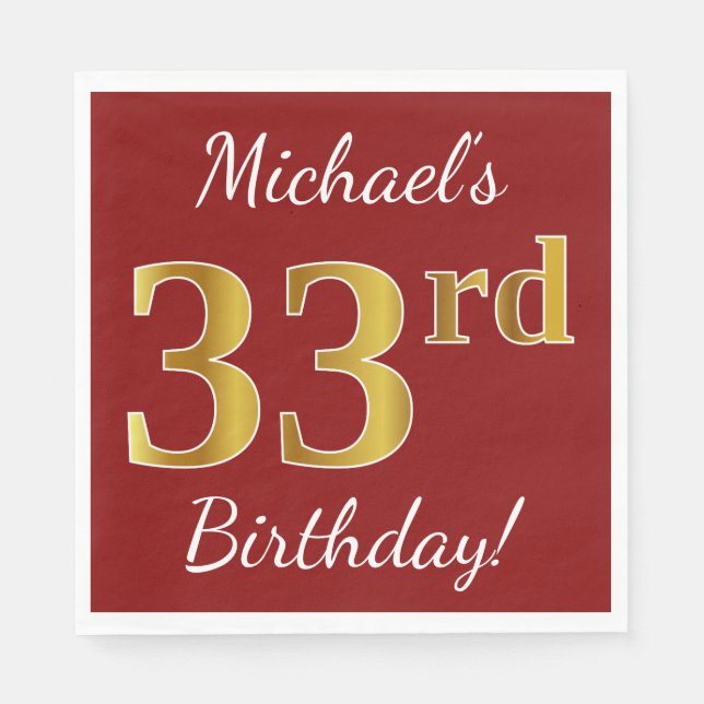 Serviette En Papier Rouge, Faux Gold 33e anniversaire + Nom personnali (Devant)
