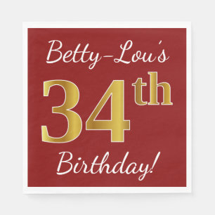 Serviette En Papier Rouge, Faux Gold 34e anniversaire + Nom personnali