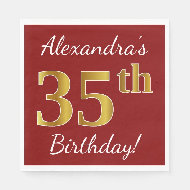 Serviette En Papier Rouge, Faux Gold 35e anniversaire + Nom personnali (Devant)