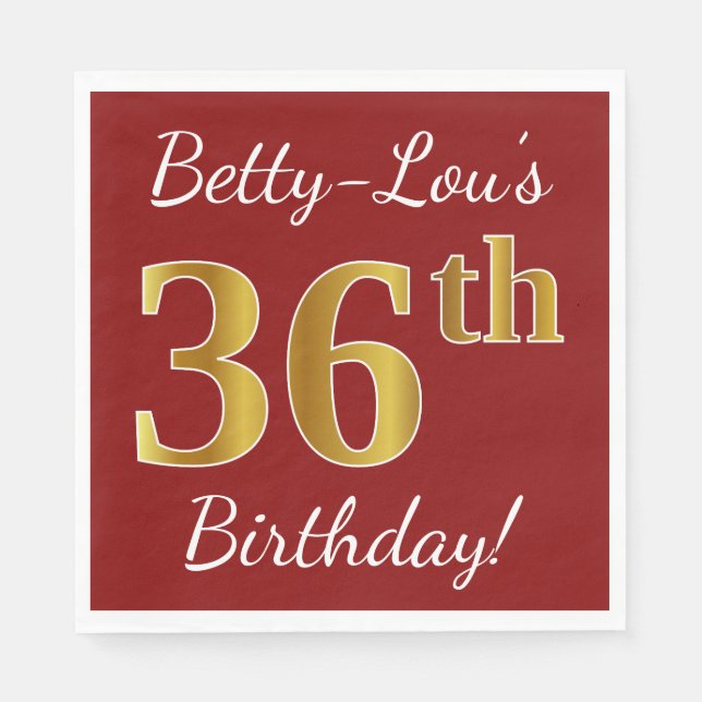 Serviette En Papier Rouge, Faux Gold 36e anniversaire + Nom personnali (Devant)