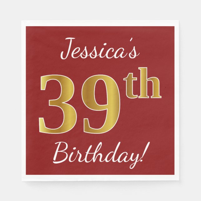 Serviette En Papier Rouge, Faux Gold 39e anniversaire + Nom personnali (Devant)