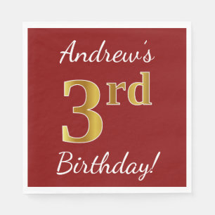 Serviette En Papier Rouge, Faux Gold 3ème anniversaire + Nom personnal