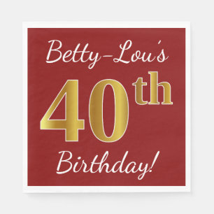 Serviette En Papier Rouge, Faux Gold 40e anniversaire + Nom personnali