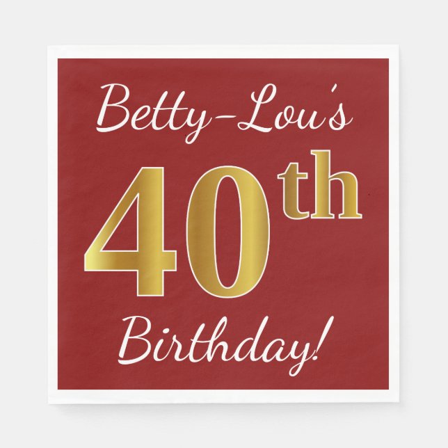 Serviette En Papier Rouge, Faux Gold 40e anniversaire + Nom personnali (Devant)