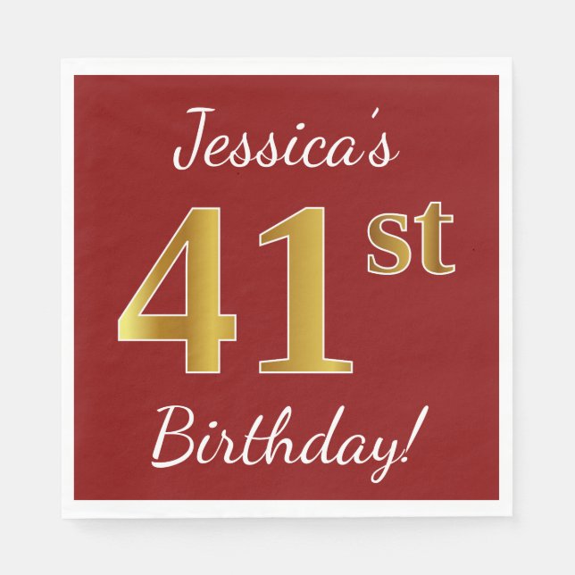 Serviette En Papier Rouge, Faux Gold 41e anniversaire + Nom personnali (Devant)