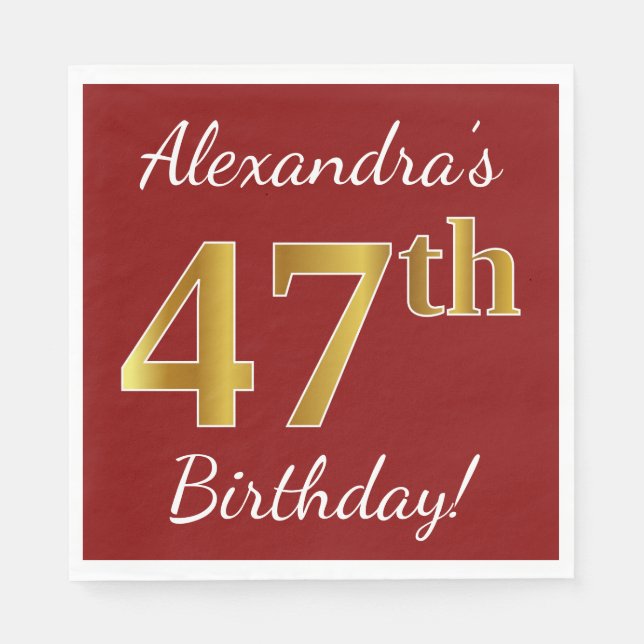 Serviette En Papier Rouge, Faux Gold 47e anniversaire + Nom personnali (Devant)