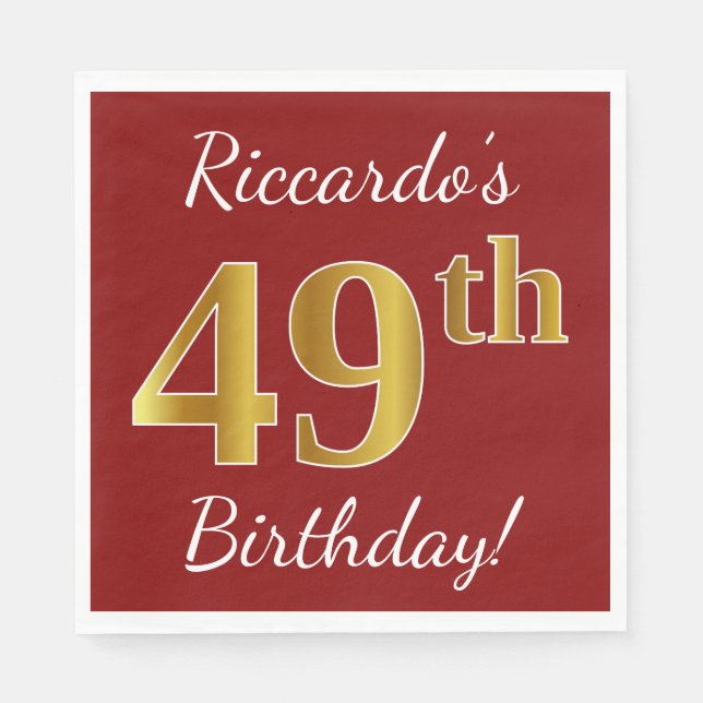 Serviette En Papier Rouge, Faux Gold 49e anniversaire + Nom personnali (Devant)