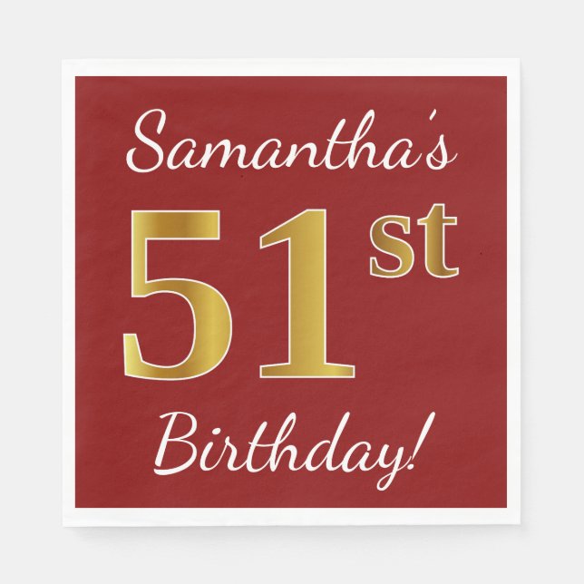 Serviette En Papier Rouge, Faux Gold 51e anniversaire + Nom personnali (Devant)