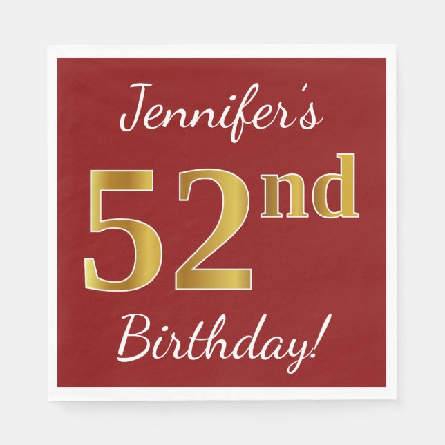 Serviette En Papier Rouge, Faux Gold 52e anniversaire + Nom personnali (Devant)