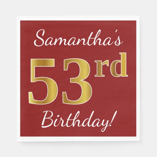 Serviette En Papier Rouge, Faux Gold 53ème anniversaire + Nom personna (Devant)