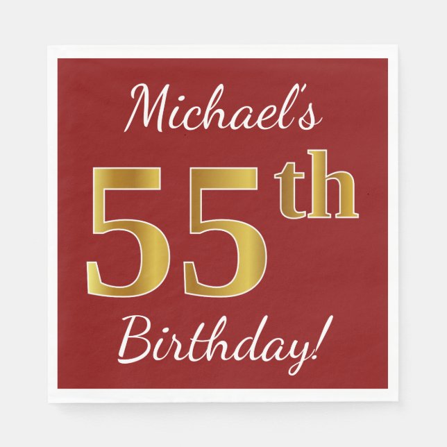 Serviette En Papier Rouge, Faux Gold 55e anniversaire + Nom personnali (Devant)