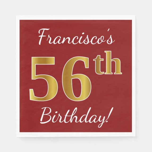 Serviette En Papier Rouge, Faux Gold 56e anniversaire + Nom personnali (Devant)