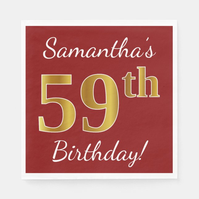 Serviette En Papier Rouge, Faux Gold 59e anniversaire + Nom personnali (Devant)