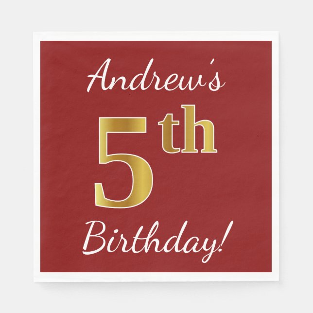 Serviette En Papier Rouge, Faux Gold 5e anniversaire + Nom personnalis (Devant)