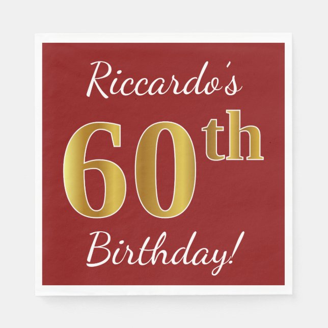 Serviette En Papier Rouge, Faux Gold 60e anniversaire + Nom personnali (Devant)