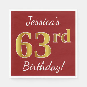 Serviette En Papier Rouge, Faux Gold 63e anniversaire + Nom personnali