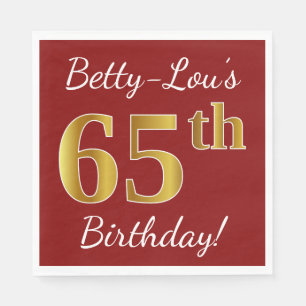 Serviette En Papier Rouge, Faux Gold 65e anniversaire + Nom personnali