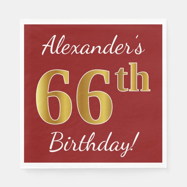 Serviette En Papier Rouge, Faux Gold 66e anniversaire + Nom personnali (Devant)