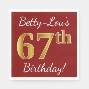 Serviette En Papier Rouge, Faux Gold 67e anniversaire + Nom personnali