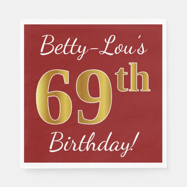 Serviette En Papier Rouge, Faux Gold 69e anniversaire + Nom personnali (Devant)