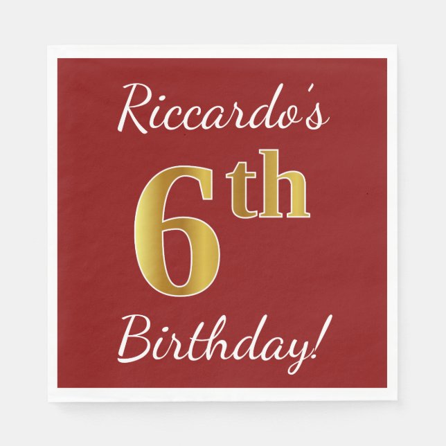 Serviette En Papier Rouge, Faux Gold 6e anniversaire + Nom personnalis (Devant)