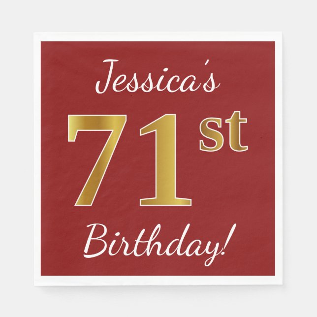 Serviette En Papier Rouge, Faux Gold 71e anniversaire + Nom personnali (Devant)