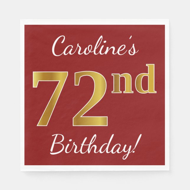 Serviette En Papier Rouge, Faux Gold 72e anniversaire + Nom personnali (Devant)