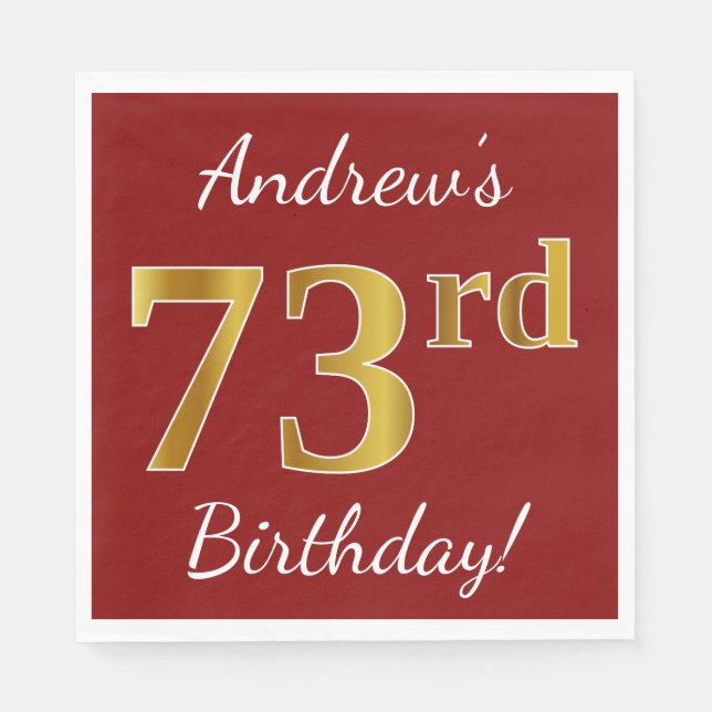Serviette En Papier Rouge, Faux Gold 73e anniversaire + Nom personnali (Devant)