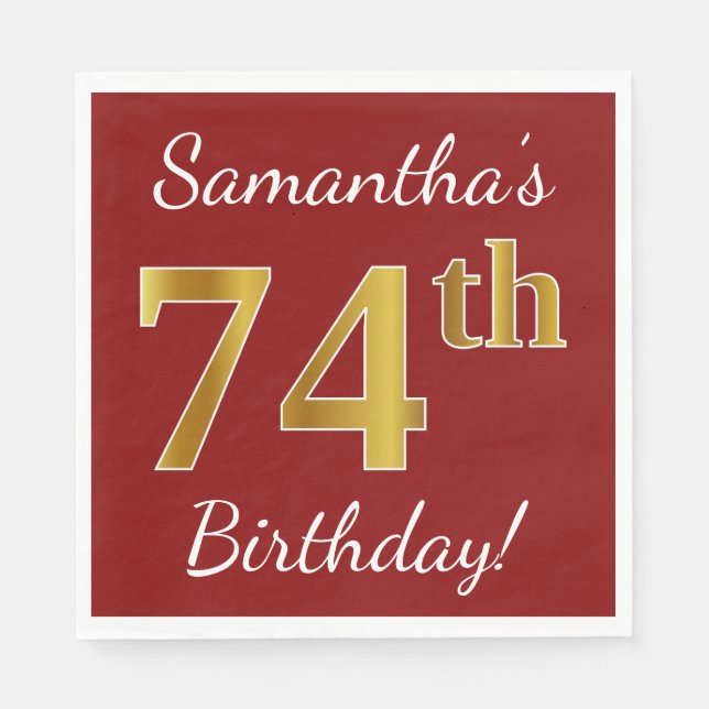 Serviette En Papier Rouge, Faux Gold 74e anniversaire + Nom personnali (Devant)