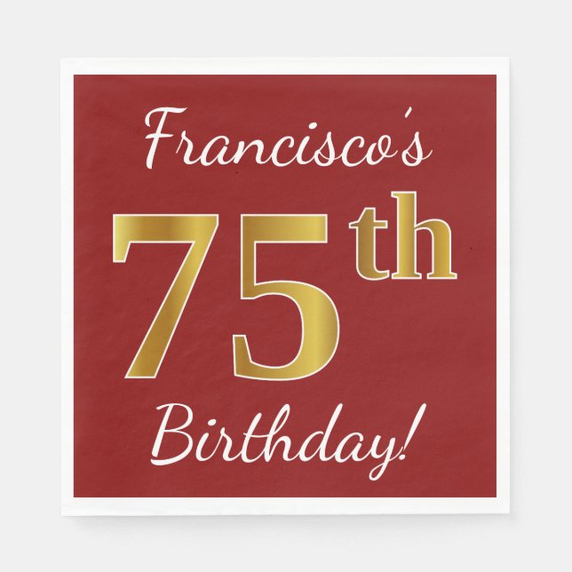 Serviette En Papier Rouge, Faux Gold 75e anniversaire + Nom personnali (Devant)
