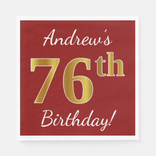 Serviette En Papier Rouge, Faux Gold 76e anniversaire + Nom personnali