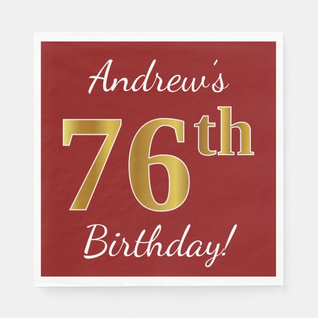 Serviette En Papier Rouge, Faux Gold 76e anniversaire + Nom personnali (Devant)
