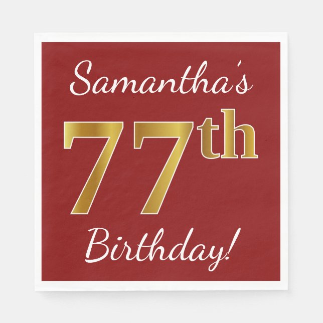 Serviette En Papier Rouge, Faux Gold 77e anniversaire + Nom personnali (Devant)