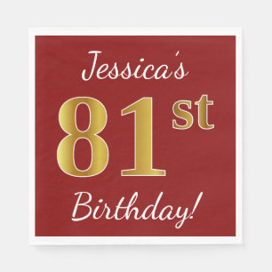 Serviette En Papier Rouge, Faux Gold 81e anniversaire + Nom personnali