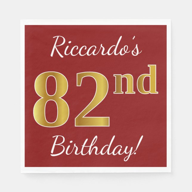Serviette En Papier Rouge, Faux Gold 82e anniversaire + Nom personnali (Devant)