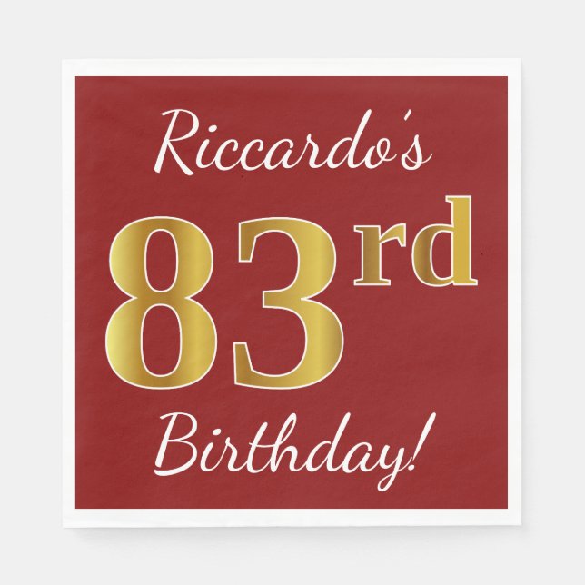 Serviette En Papier Rouge, Faux Gold 83e anniversaire + Nom personnali (Devant)