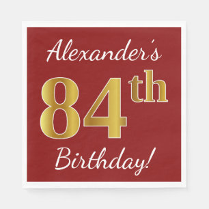 Serviette En Papier Rouge, Faux Gold 84e anniversaire + Nom personnali