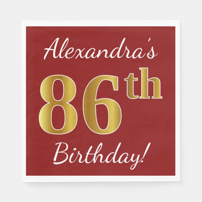 Serviette En Papier Rouge, Faux Gold 86e anniversaire + Nom personnali (Devant)