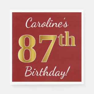Serviette En Papier Rouge, Faux Gold 87e anniversaire + Nom personnali