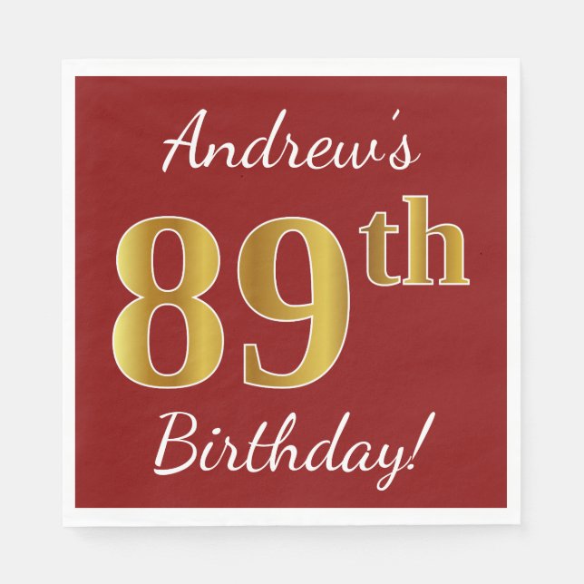 Serviette En Papier Rouge, Faux Gold 89e anniversaire + Nom personnali (Devant)