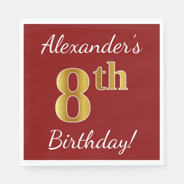 Serviette En Papier Rouge, Faux Gold 8e anniversaire + Nom personnalis (Devant)