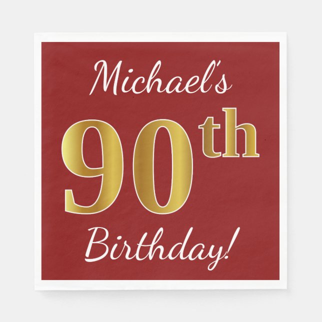 Serviette En Papier Rouge, Faux Gold 90e anniversaire + Nom personnali (Devant)